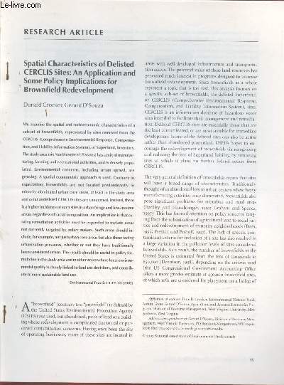Tir  part : Environmental Practice n4 : Spatial Characteristics of Delisted CERCLIS Sites : An application and some policy implication for brownfield redevelopment.