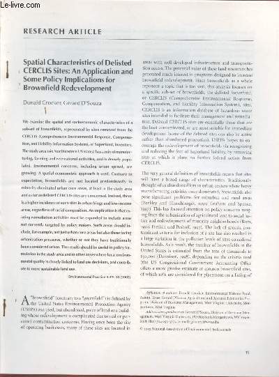 Tir  part : Environmental Practice n4 : Spatial Characteristics of Delisted CERCLIS Sites : An application and some policy implication for brownfield redevelopment.