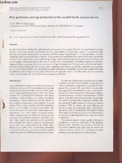 Tir  part : Entomologica Experimentalis et Applicata n73 : Prey preference and egg production of the carabid beetle Agonum dorsale.