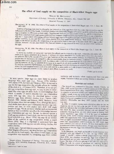 Tir  part : Can. J. Zool. n66 : The effect of food supply on the composition of Black-billed Magpie eggs.