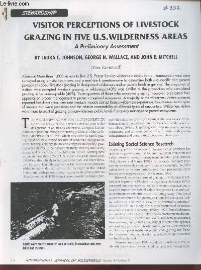 Tir  part : International Journal of Wilderness Vol.3 n2 : Visitor perceptions of livestock grazing in five U.S. wilderness areas : A preliminary Assessment.