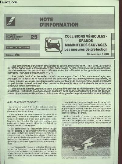 Note d'information n25 : Collisions vhicules. Grands mammifres sauvages : les mesures de protection.