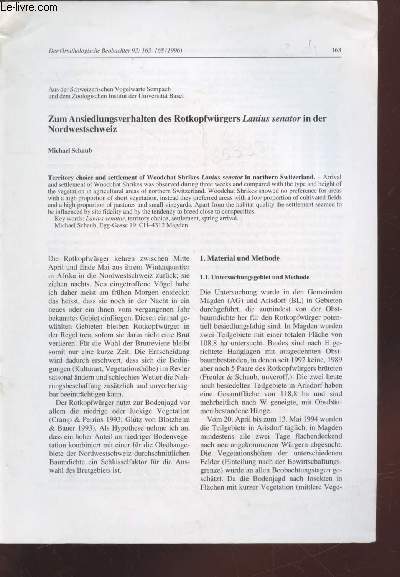 Tir  part : Der Ornithologische Beobachter n93 : Zum Ansiedlungsverhalten des Rotkopfwrgers Lanius senator in der Nordwestschweiz.