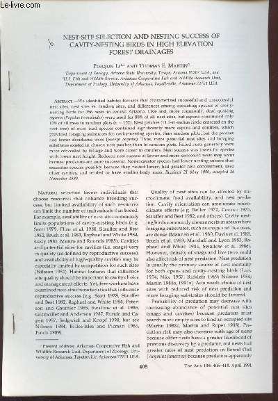 Tir  part : The Auk n108 : Nest-site selection and nesting success of cavity-nesting birds in high elevation forest drainages.