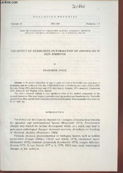 Tir  part : Zoologica Poloniaie Vol.36 Fasciculus 1-4 : The effect of herbicides on formation of anomalies in hen embryos