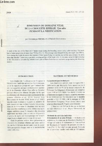 Tir  part : Alauda Vol.59 n3 : Dimension du domaine vital de la chouette effraie Tyto alba pendant la nidification.