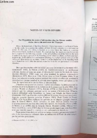 Tir  part : L'Oiseau et R.F.O. Vol.61 n4 : Notes et Faits divers sur l'hypothse du centre d'information chez les Hrons cendrs Ardea cinerea du nord-ouest de l'Espagne.