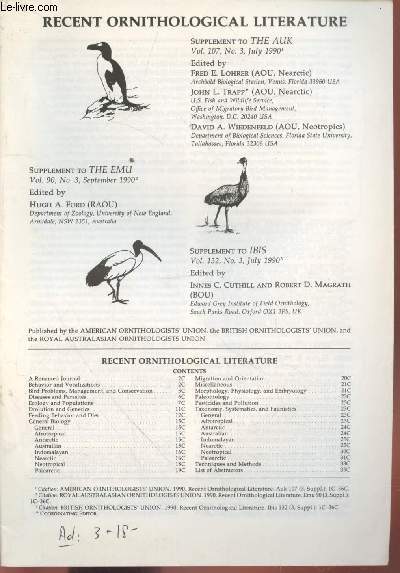 Tir  part : The Auk Vol.107 n3 / The Emu Vol.90 n3 / Ibis Vol.132 n3 : Recent Ornithological Litterature