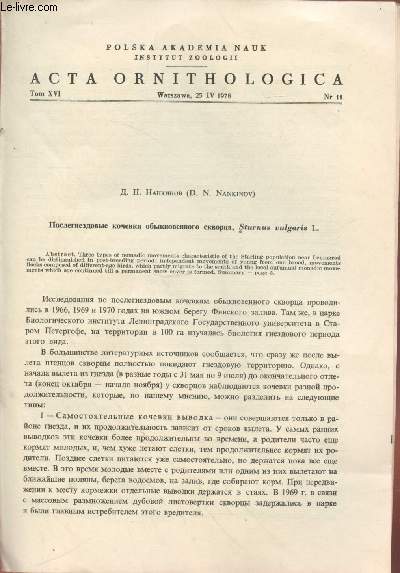 Acta Ornothologica Tom.XVI n11 : Nomadic movements ogf the Starling Strunus vulgaris L. in post-breeding period.