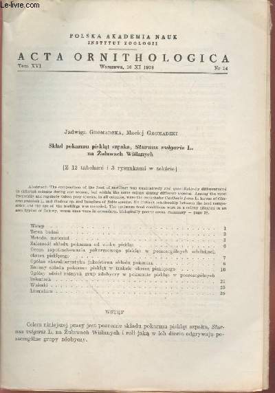 Acta Ornothologica Tom.XVI n14 : Sklad pokarmu pisklat szpaka, Sturnus vulagirs L. na Zulawach Wislanych.