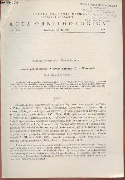 Acta Ornothologica Tom.XVI n8 : Pokarm pisklat szpaka, Sturnus vulgaris L. w Warszawie.