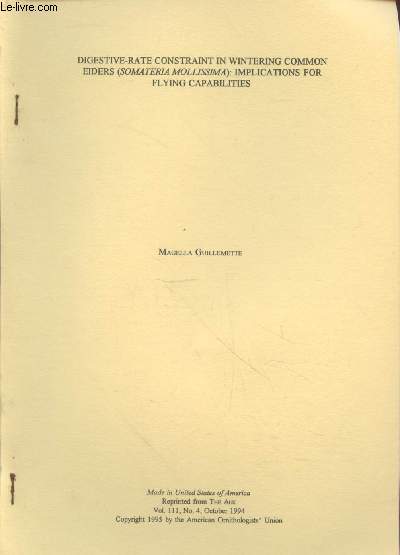 Tir  part : The Auk Vol.111 n4 : Digestive-rate constraint in wintering common eiders (Somateria Mollissima) : Implications for flying capabilities.