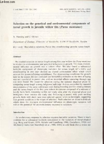 Tir  part : J.Evol. Biol. n7 : Selection on the genetical and environmental components of tarsal growth in juvenile willow tits (Parus montanus)