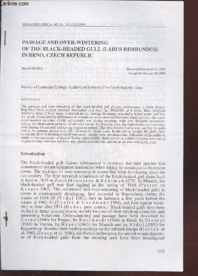Tir  part : Folia Zoologica Vol. 43 n2 : Passage and over-wintering of the Black-headed gull (Larus ridibundus) in Brno, Czech Republic.