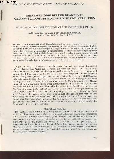 Tir  part : Proc. Int. 100. Do-G Metting, Current topics Avian Biol. Bonn : Jahresperiodik bei der brandente (Tadorna Tadorna) : Morphologie un verhalten.