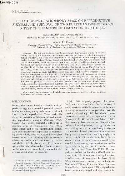 Tir  part : The Condor Vol. 99 : Effect of incubation body mass on reproductive success and survival of two european diving ducks : a test of the nutrient limitation hypothesis.