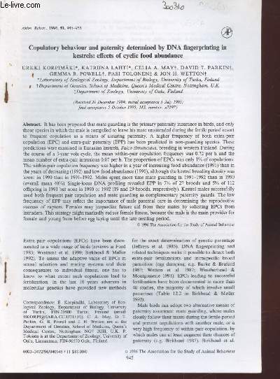 Tir  part : Animal Behaviour Vol.51 n4 : Copulatory behaviour and paternity determined by DNA fingerprinting in kestrels : effects of cyclic food abundance.