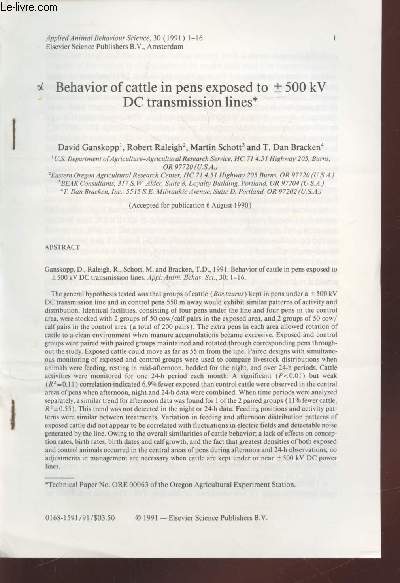 Tir  part : Applied Animal Behaviour Science n30 : Behavior of cattle in pens exposed to +/- 500kv DC transmission lines.