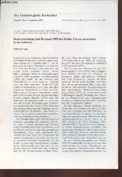 Tir  part : Der Ornithologische Beobachter Vol.87 n3 : Brutverbreitung und Bestand 1989 der Dohle Corvus monedula in der Schweiz.