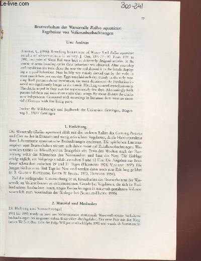 Tir  part : Journal fr Ornithologie n137 : Brutverhalten der Wasserralle Rallus aquaticus : Ergebnisse von Volierenbeobachtungen.