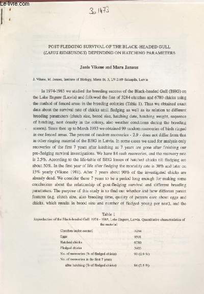 Tir  part : The RIng Vol.15 n1-2 : Post-fledging survival of the black-headed gull (Larus Ridibundus) depending on hatching parameters.