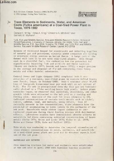 Tir  part : Bulletin of Environmental Contamination Toxicologie : Trace Elements in sediments, water and american coots (Fulica americana) at a coal-fired power plant in Texas, 1979-1982.