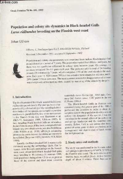 Tir  part : Ornis Fennica n70 : Population and colony site dynamics in Black-headed Gulls Larus ridibundus breeding on the Finnish west coast.