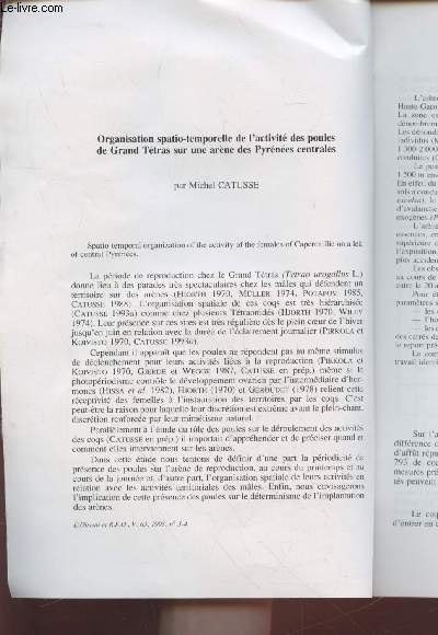 Tir  part : L'Oiseau et R.F.O. Vol.63 n3-4 : Organisation spatio-temporelle de l'activit des poules de Grand Ttras sur une arne des Pyrnes centrales.