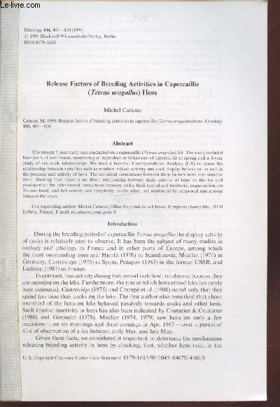 Tir  part : Ethology Vol. 104 : Release Factors of breeding activities in Capercaillie (Tetrao urogallus) Hens