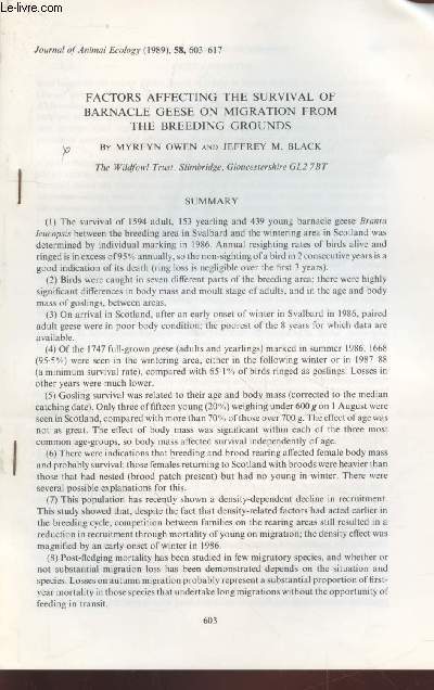 Tir  part : Journal of Animal Ecology n58 : Factors affecting the survival of barnacle geese on migration from the breeding grounds.