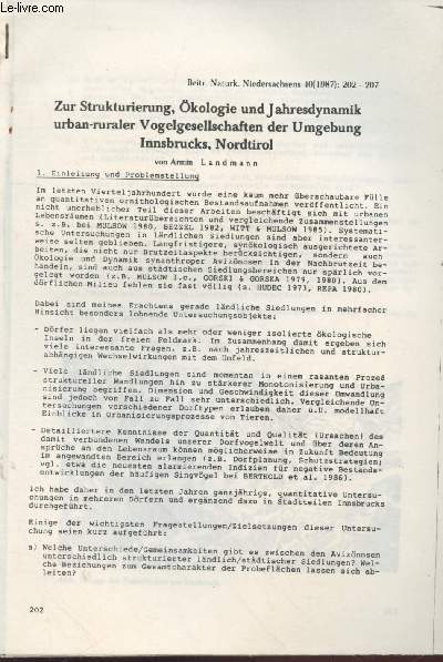 Tir  part : Beitr. Naturk. Niedersachsens n40 : Zur Strukturierung, kologie und Jahresdynamik urban-ruraler Vogelgesellschaften der Umgebung Innsbrucks, Nordtirol.