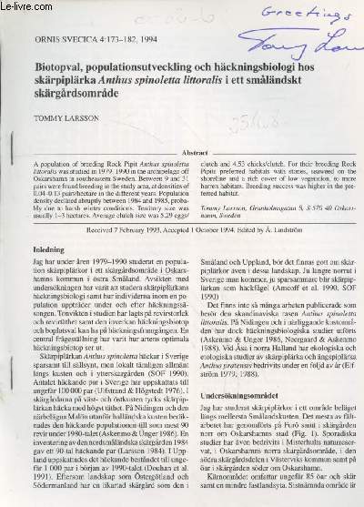 Tir  part : Ornis Svecica n4 - 1994 : Biotopval, populationsutveckling och hckningsbiologi hos skrpiplrka Anthus spinoletta littoralis i ett smalandskt skargardsomrade.