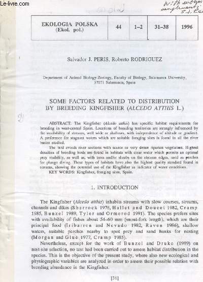 Tir  part : Ekologia Polska Vol.44 n1-2 : Some factods related to distribution by breeding kingfisher (Alcedo Atthis L.)