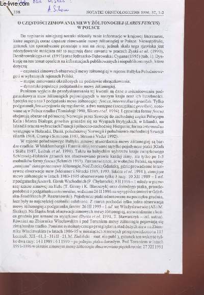 Tir  part : Notatki Ornitologiczne Vol. 37 n1-2 : O Czestosci zimowania mewyzoltonogiej (Larus Fuscus) w polsce / Frequency of the lesser black-backed gull (Larus fuscus) wintering in Poland.