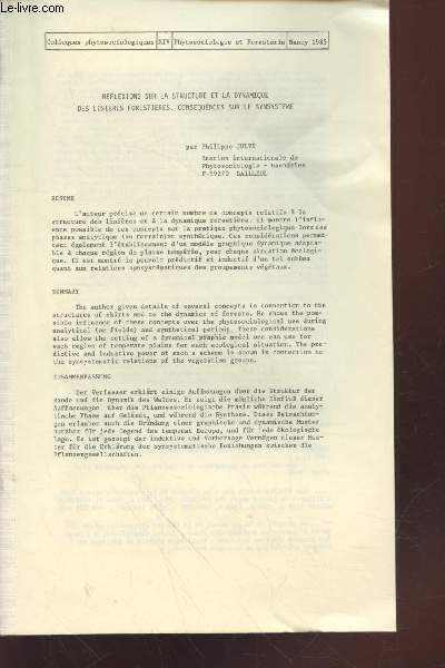 Tir  part : Colloque phytosociologique XIV Nancy 1985 Phytologie et Foresterie : Rflexions sur la structure et la dynamique des lisiers foretsiers, consquences sur le synsytme.