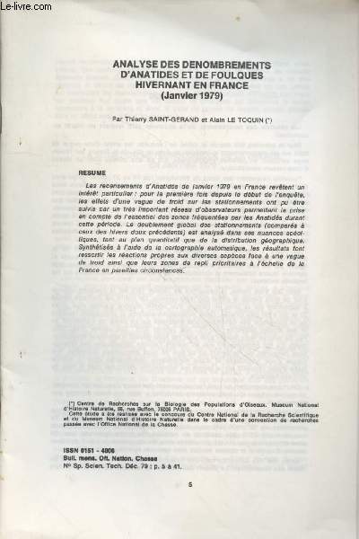 Tir  part : Bull. Mens. Off. Nation. Chasse numro spcial Scien. Tech. Dcembre 1979 : Analyse des dnombrements d'anatides et de foulques hivernant en France (Janvier 1979)