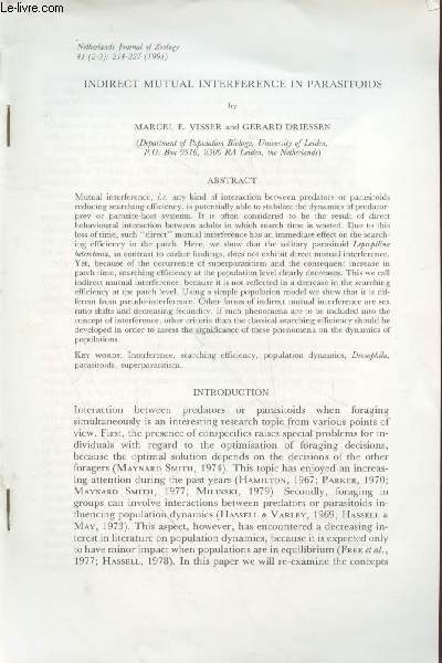 Tir  part : Netherlands Journal of Zoology (1991) Vol.41 n2-3 : Indirect mutual interference in parasitoids.