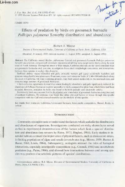 Tir  part : J. Exp. Mar. Biol. Ecol. n166 (1993) : Effects of predation by birds on gooseneck barnacle Pollicipes polymerus Sowerby distribution and abundance.