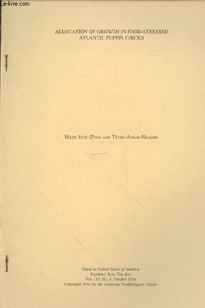 Tir  part : The Auk Vol.113 n4 (1996) : Allocation of growth in food-stressed atlantic puffin chicks
