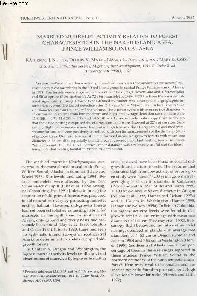 Tir  part : Northwestern Naturalist Vol.76 (1995) : Marbled murrelet activity relative to forest characteristics in the naked island area, Prince William sound, Alaska