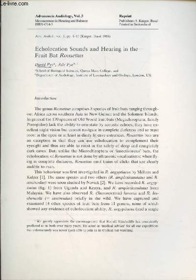 Tiré à part : Adv. Audliol. Vol.5 (1988) : Echolocation sounds and hearing in the fruit bat Rousettus.