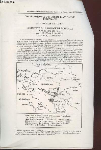 Tir  part : Bulletin Socit Sciences naturelles Ouest de la France Tome LXXIII (1975) : Contribution  l'tude de l'avifaune rgionale - Rsultats du baguage des oiseaux effectu en 1973.