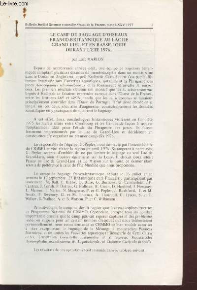 Tir  part : Bulletin Socit Sciences Naturelles Ouest de la France Tome 75 (1977) : Le camp de baguage d'oiseaux franco-britannique au Lac de Grand-lieu et en Basse-Loire durant l't 1976.
