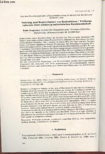 Tir  part : Die Vogelwelt Vol. 113 n6 (1992) : Nahrung und bruntverhalten von rotkehlchen -Erithacus rubecula schleswig- holsteinischen Knicklandschaft.