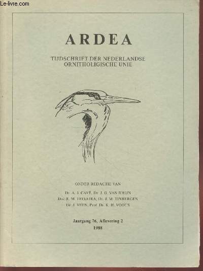 ARDEA Jaargang 76 Aflevering 2 (1988). Sommaire : Daily and seasonal variations in body mass of the Kestrel in relation to food availability and reproduction by S.Daan - Maintenance energy requirements and energy etc.