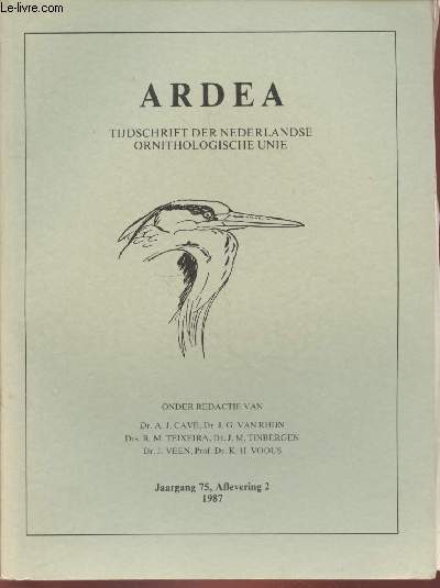 ARDEA Jaargang 75 Aflevering 2 (1987). Sommaire : Parent-offspring resource allocation in Swallows during nestling rearing : an experimental study by Jones G. - Population trend, reproduction, and pesticides in Dutch Sparrowhawks following the ban on DDT