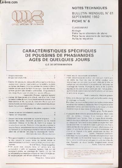 Notes Techniques - Bulletin Mensuel n61 Fiche n6 : Caractristiques spcifiques de poussins de phasianides ags de quelques jours, cl de dtermination.