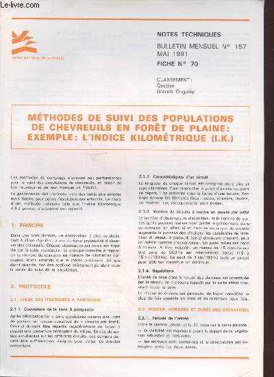 Notes Techniques - Bulletin Mensuel n157 Fiche n70 : Mthodes de suivi des populations de chevreuils en fort de plaine : Exemple : L'indice kilomtrique (I.K.)