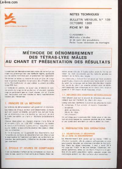 Notes Techniques - Bulletin Mensuel n139 Fiche n59 : Mthode de dnombrement des Ttras-Lyre mles au chant et prsentation des rsultats.