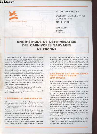 Notes Techniques - Bulletin Mensuel n106 Fiche n38 : Une mthode de dtermination des carnivores sauvages de France.